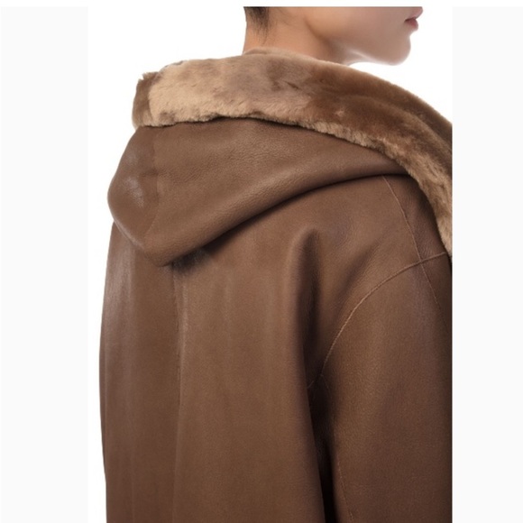 Vince camel shawl collar reversible shearling leather coat with hood jacket S - Picture 4 of 11